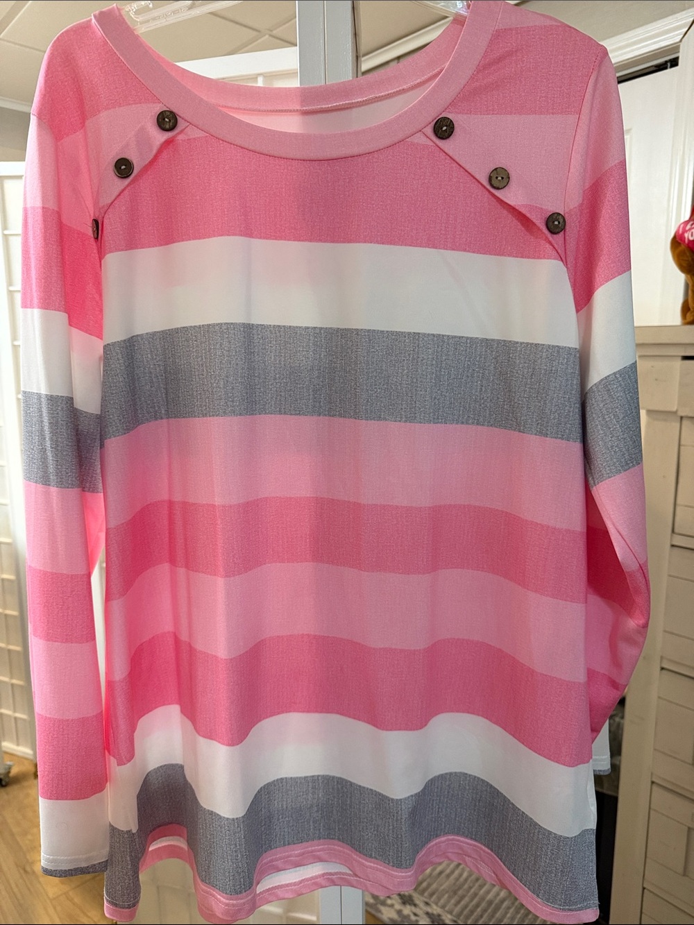 Women's Pink Striped Long Sleeve Top with Button Detail